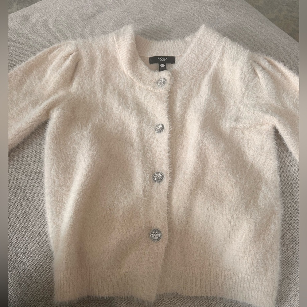 Girls Aqua Fuzzy Knit Cardigan – Off-White / Ivory - Picture 2 of 7
